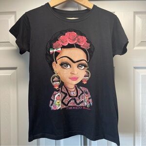 Frida Kahlo Women’s Black T-shirt Size XL Vibrant Multicolor Short Sleeve Top
